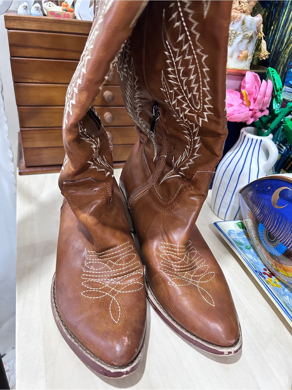 Womens Brown Leather Western Cowboy Boots White Embroidery Zip Back US